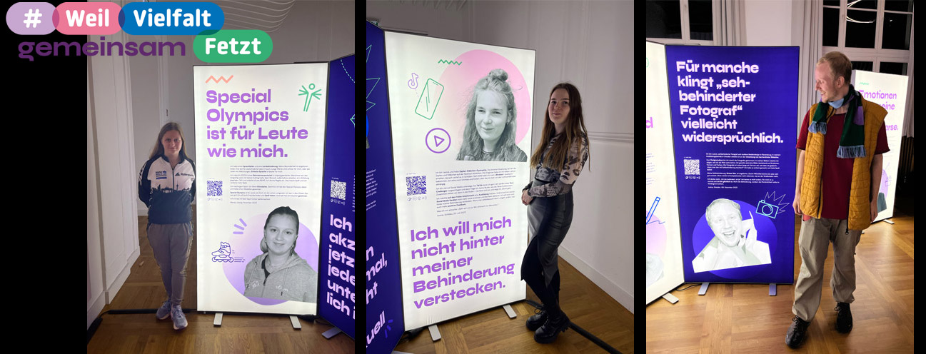 Die Gesichter Mandy, Leonie und Justus vor ihren Wänden in der Ausstellung
